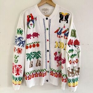 Vintage‎ 1991 Susan Bristol Novelty Knit Cardigan Large Ark Animals Embroidered